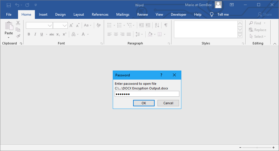 Screenshot of Word document's encryption Encrypting and decrypting Word file of DOCX format in C# and VB.NET