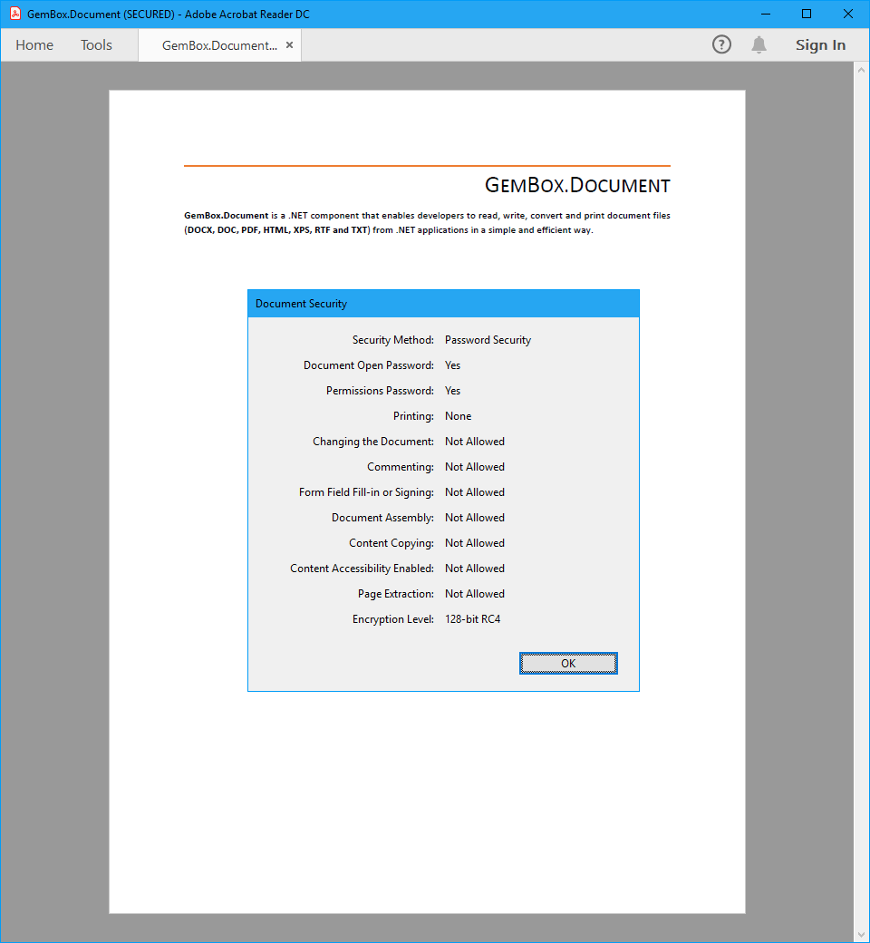 Screenshot of PDF document's encryption Encrypting PDF file with permissions restriction in C# and VB.NET