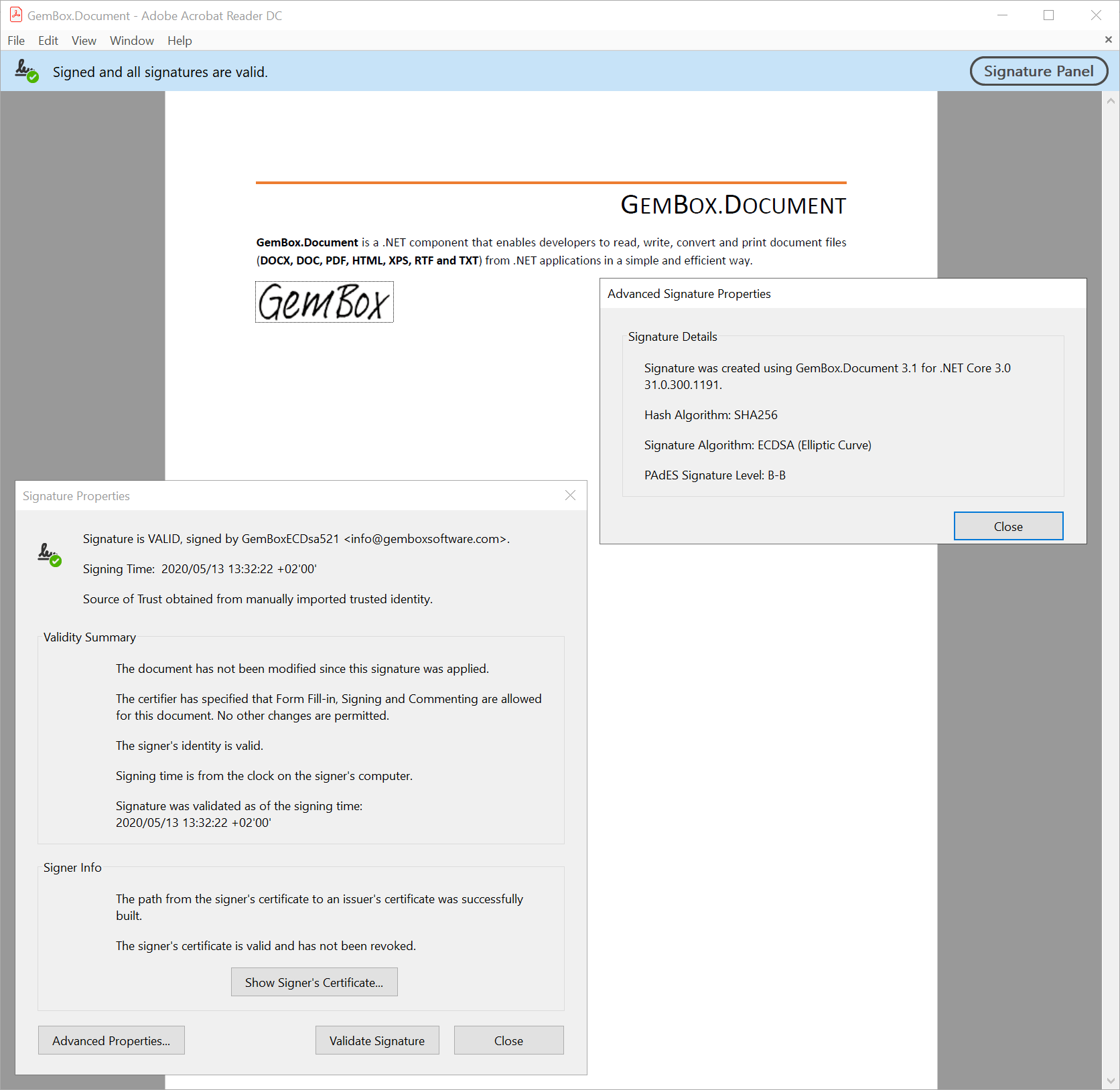 Screenshot of PDF file with visible digital signature created with GemBox.Document PDF file with visible digital signature created with GemBox.Document