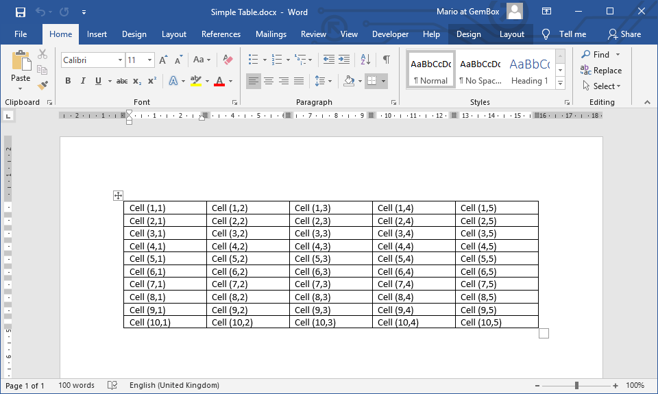Screenshot of Word file with a simple table Word document with a simple table