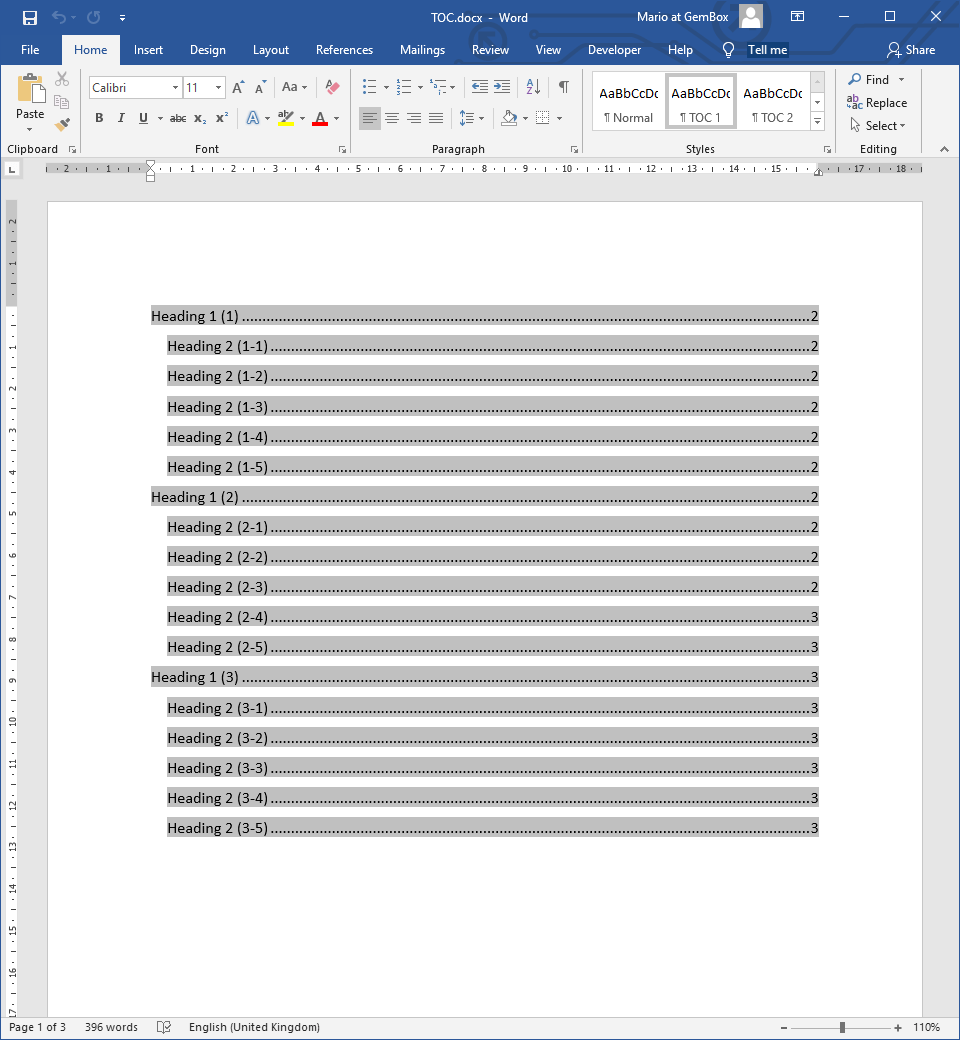 Screenshot of updated TOC element in Word document Create and update Table of Contents in Word document from C# and VB.NET