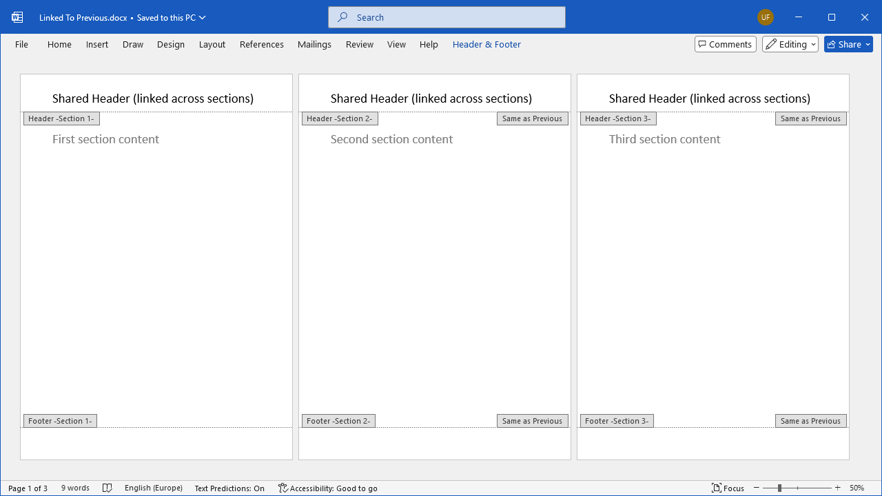 Word document with Linked To Previous Header and Footer elements