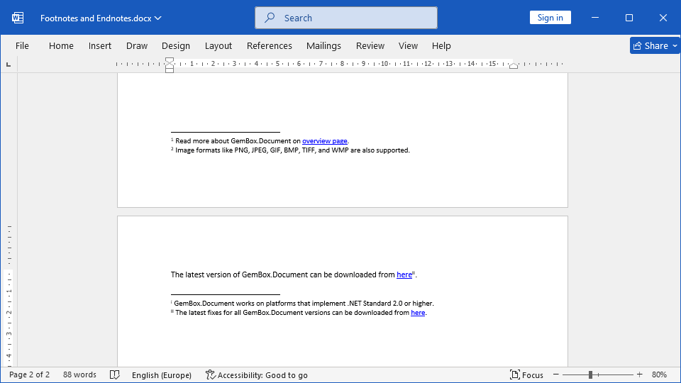 Word document with Footnote and Endnote elements