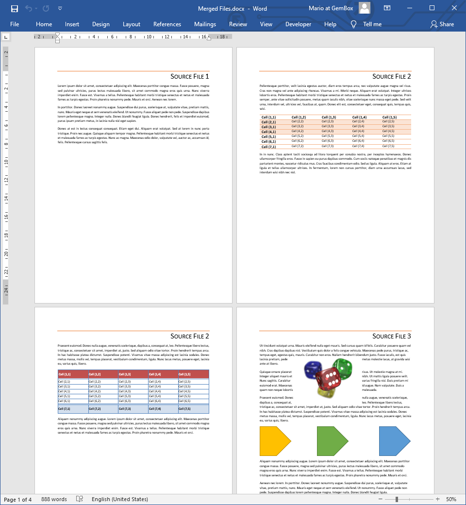 Screenshot of multiple Word files joined into a single file Combining Word files into one by importing content from source documents to destination document