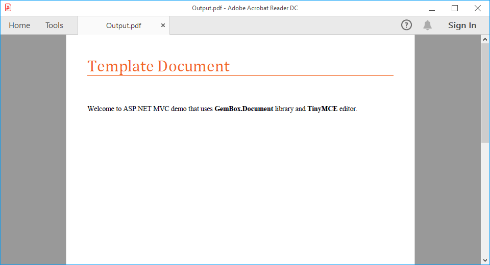 Screenshot of downloaded PDF file in ASP.NET MVC Generated and downloaded PDF document from template Word document in ASP.NET MVC demo application