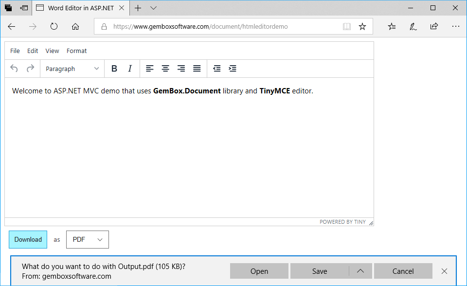 Screenshot of rich text editor for Word files in ASP.NET MVC Word editor that combines WYSIWYG HTML editor and GemBox.Document in ASP.NET MVC demo application