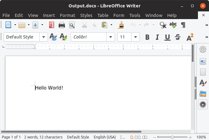 Screenshot of Word file created with .NET Core on Linux Generated Word document from .NET Core application running on Linux (Ubuntu)