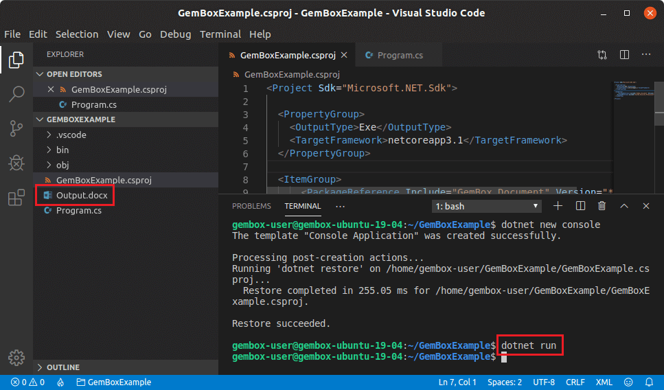 Screenshot of Visual Studio Code run command Running a C# console project