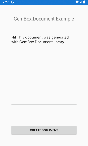 Screenshot of Xamarin Android app that creates a Word file Word file generator on a native Android mobile app with Xamarin.Forms