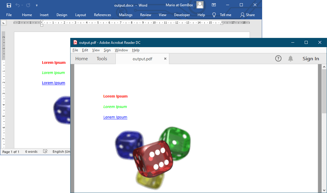 Screenshot of Word and PDF files created with Docker container Generated Word document (DOCX format) and PDF file from Docker container
