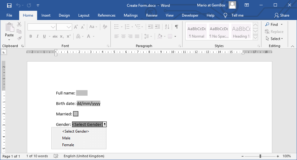 Screenshot of created Word file with form fields Creating Word document with text, check-box and drop-down form fields in C# and VB.NET