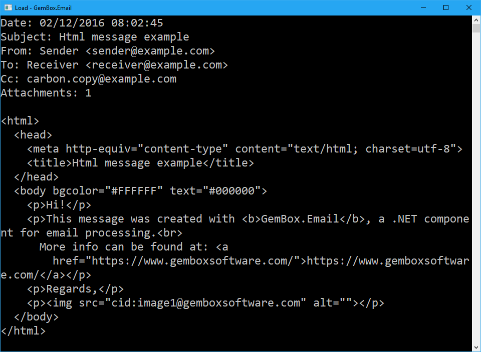 Screenshot of loaded email Load email in C# and VB.NET