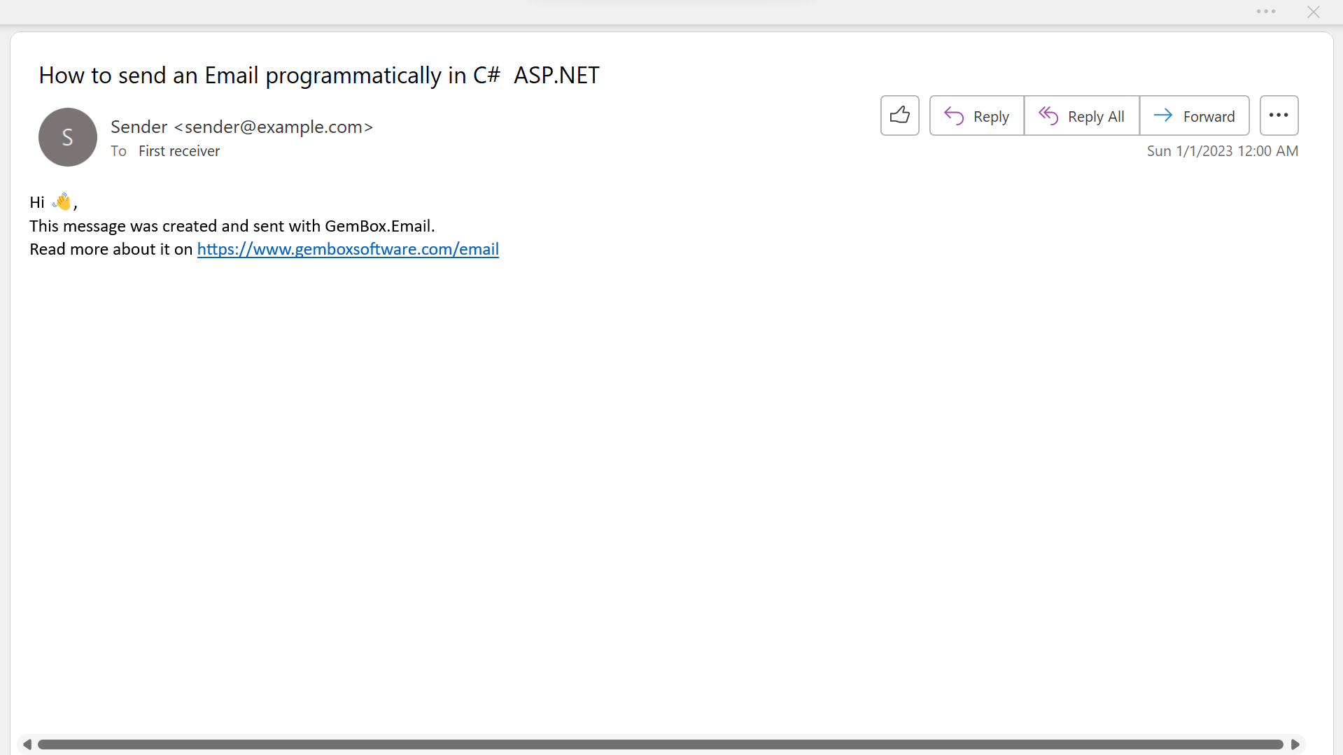 Screenshot of an email message generated in C# with GemBox.Email Simple email message created in C#