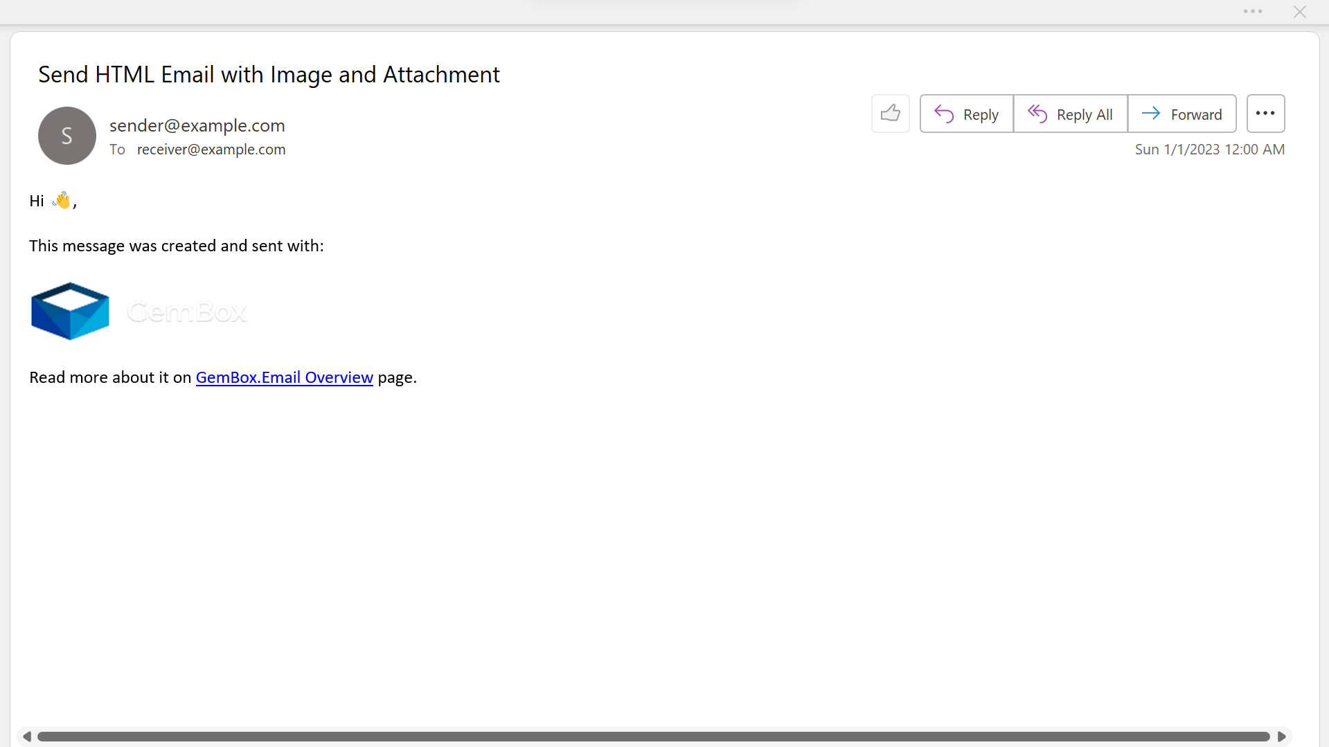 Screenshot of an email HTML message with an inline image created in C# using GemBox.Email Email message with inline image created in C#
