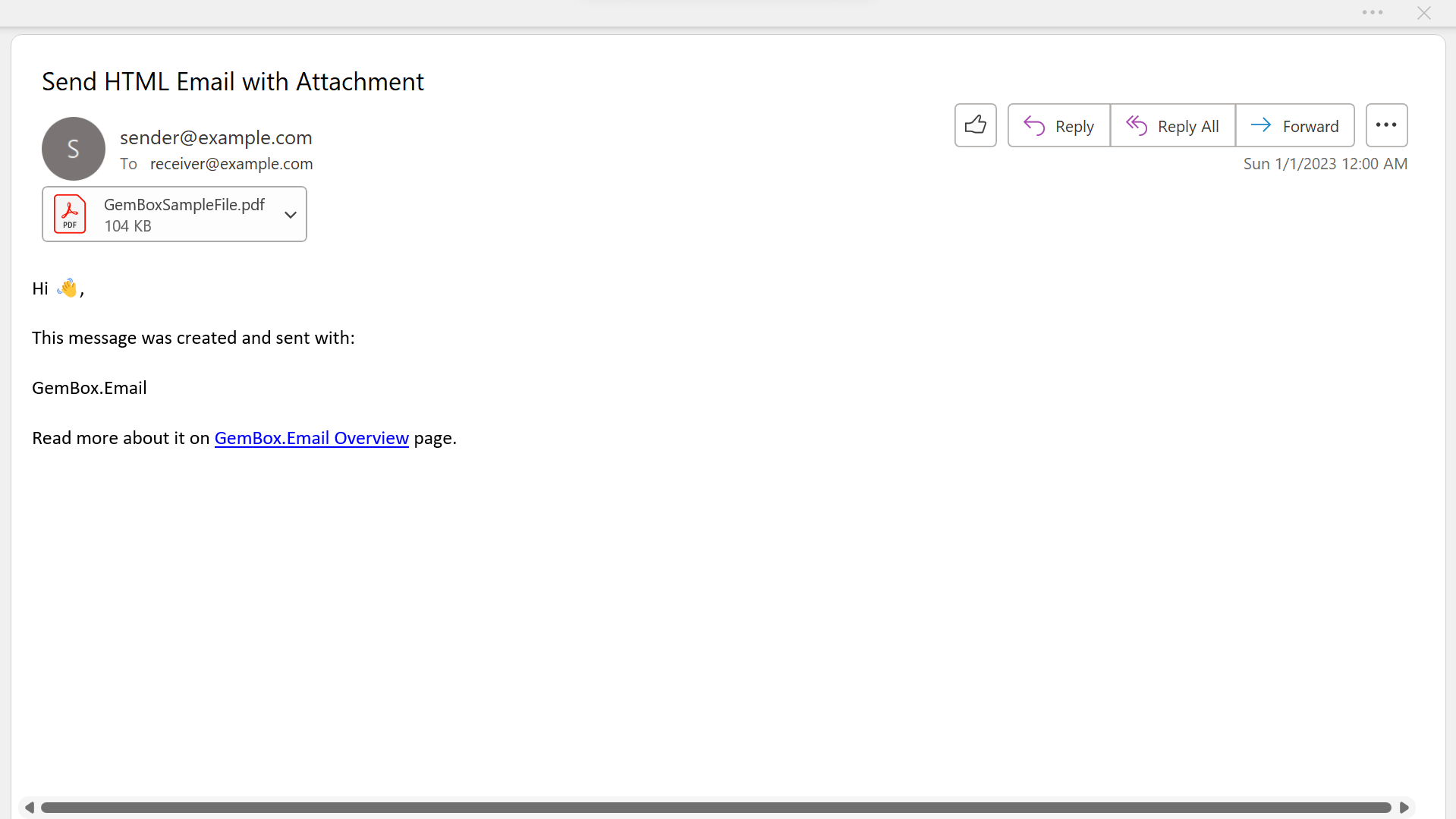Screenshot of an email HTML message created in C# using GemBox.Email Simple html email message created in C#