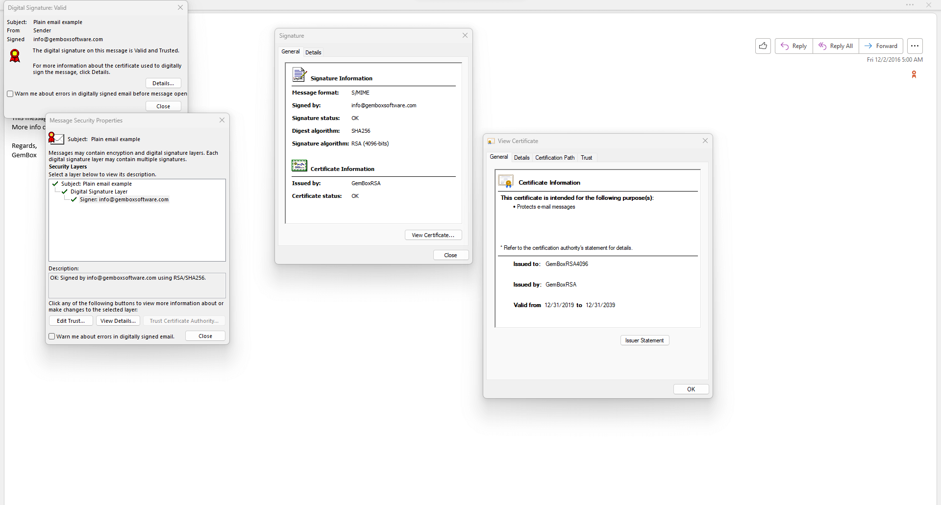 Screenshot of the certificate data of a S/MIME message created in C# using GemBox.Email Simple email message created in C#