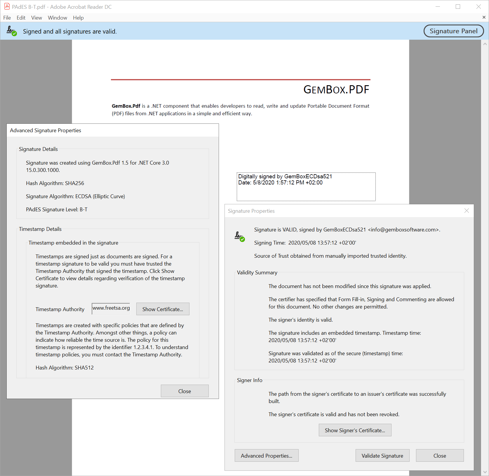 PDF file with PAdES B-T level signature created with GemBox.Pdf