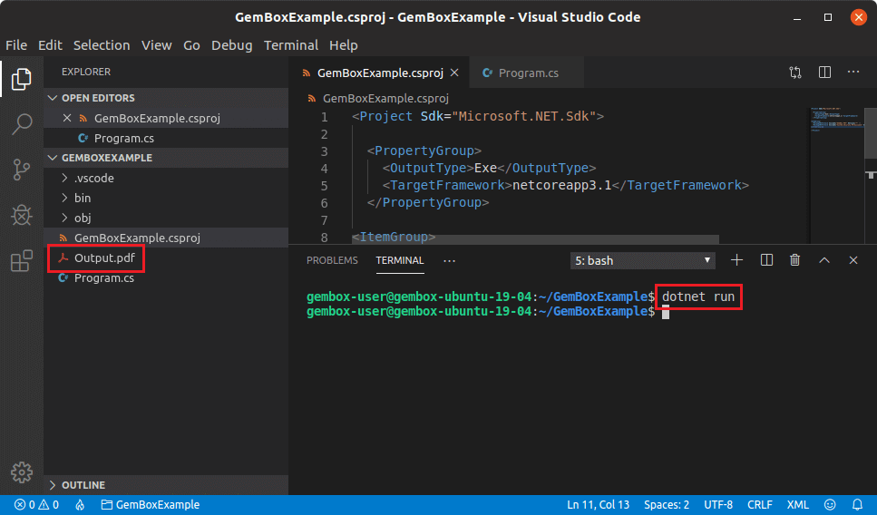 Screenshot of Visual Studio Code run command Running a C# console project