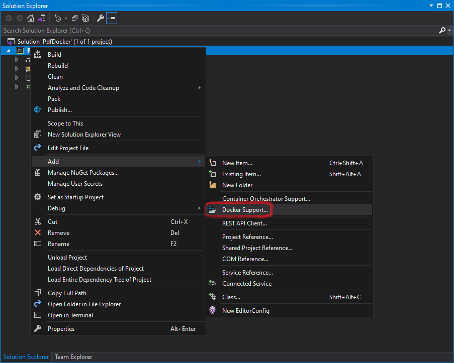 Screenshot of Visual Studio container tool Visual Studio container tool for adding Docker to existing .NET Core project