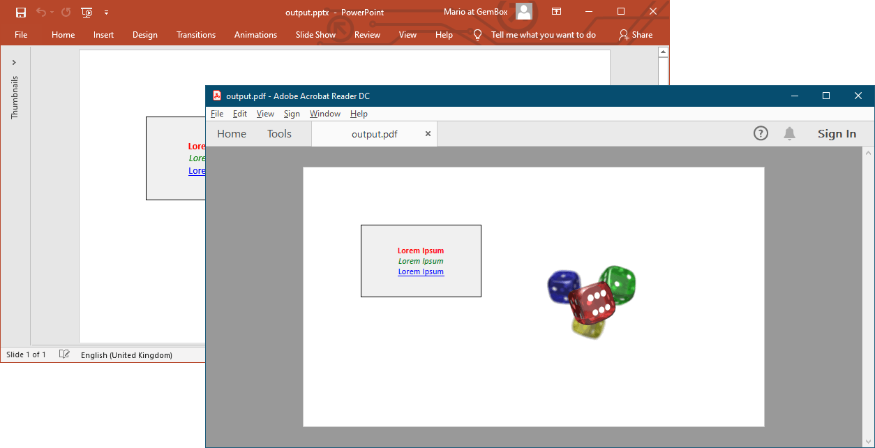 Screenshot of PowerPoint and PDF files created with Docker container Generated PowerPoint presentation (PPTX format) and PDF file from Docker container