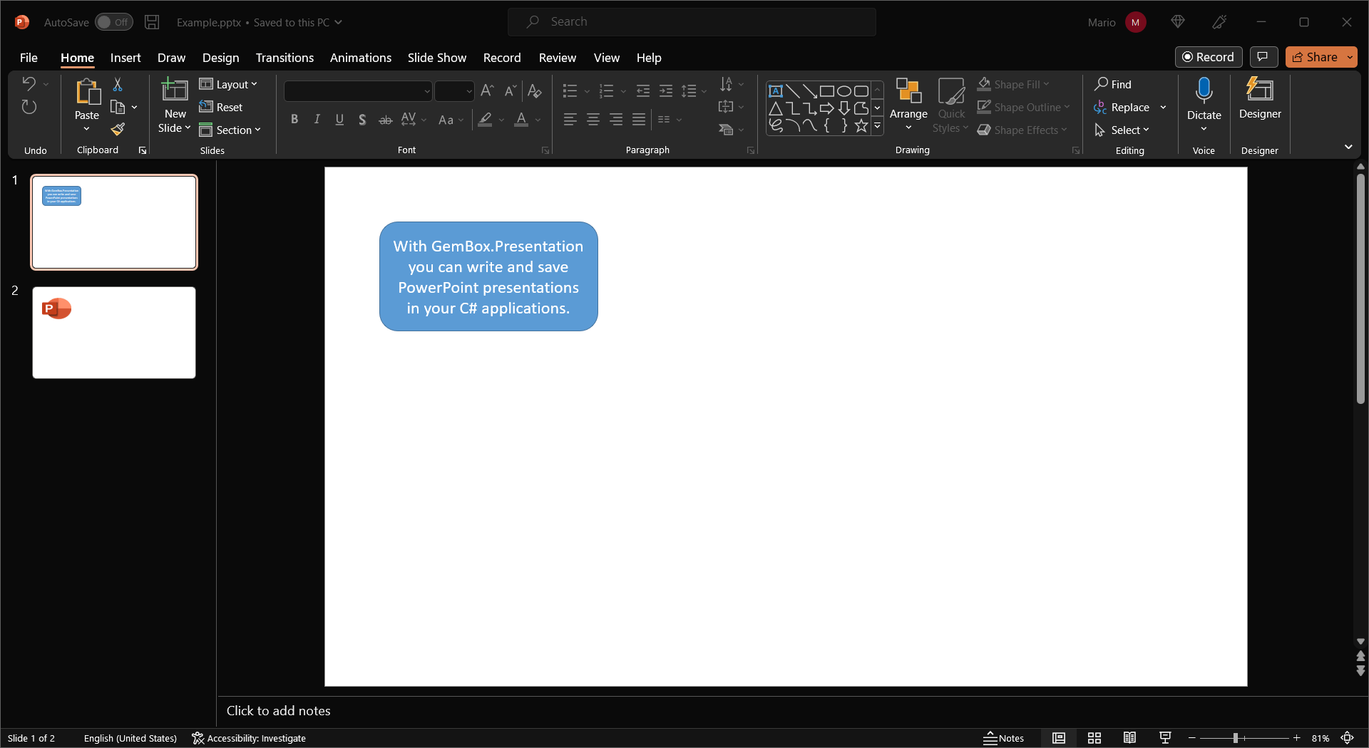 Screenshot of a PowerPoint presentation generated in C# Output of a PowerPoint file created in C#