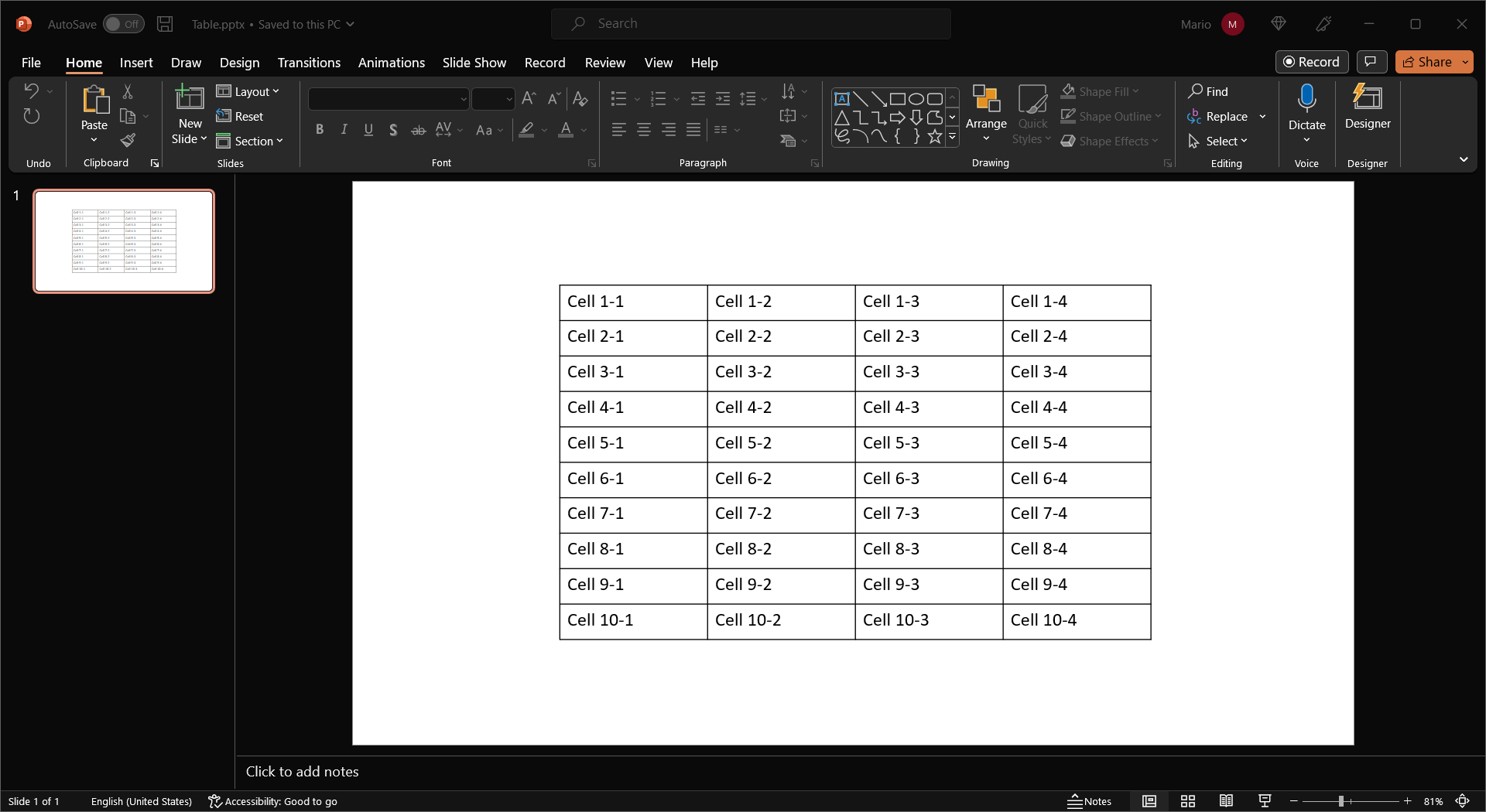 Screenshot of a simple table created in a presentation in C# Output of a table created in a PowerPoint file in C#