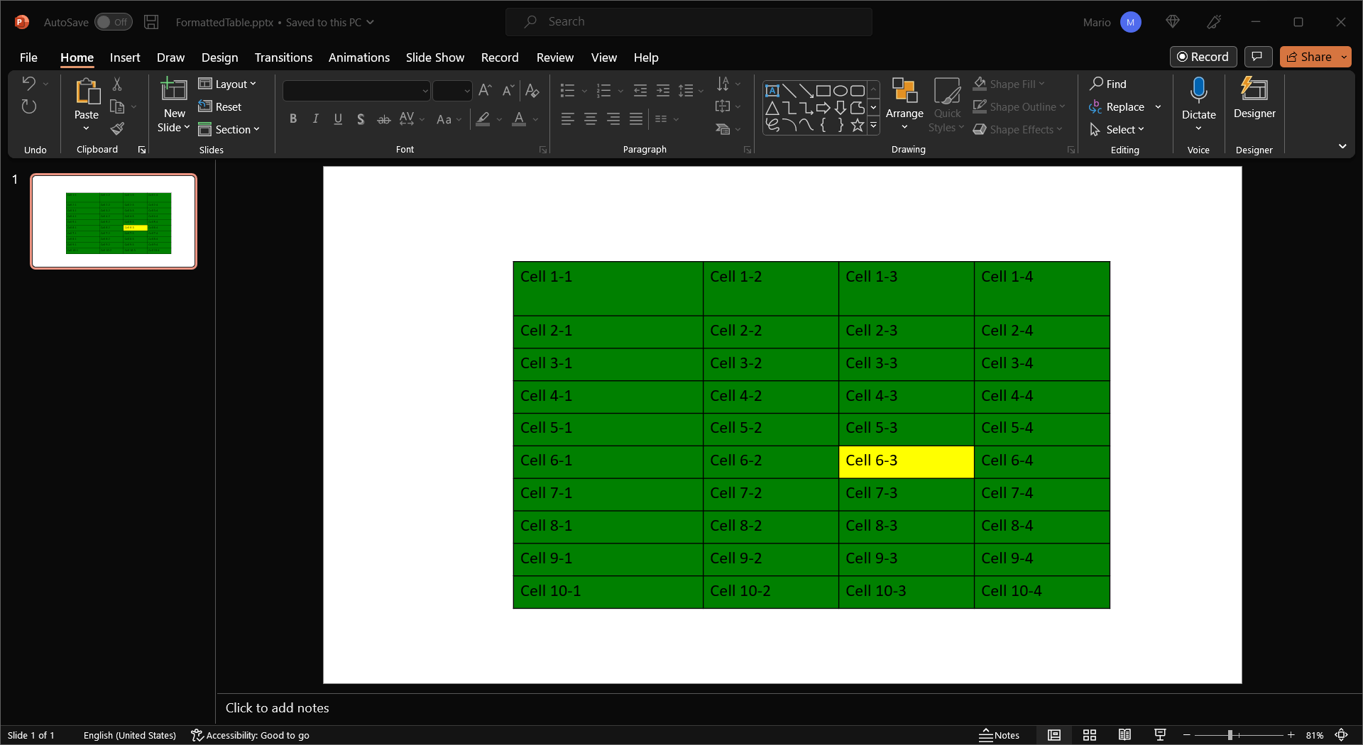 Screenshot of a PowerPoint presentation table that was formatted in C# Output of a presentation table formatted in C#
