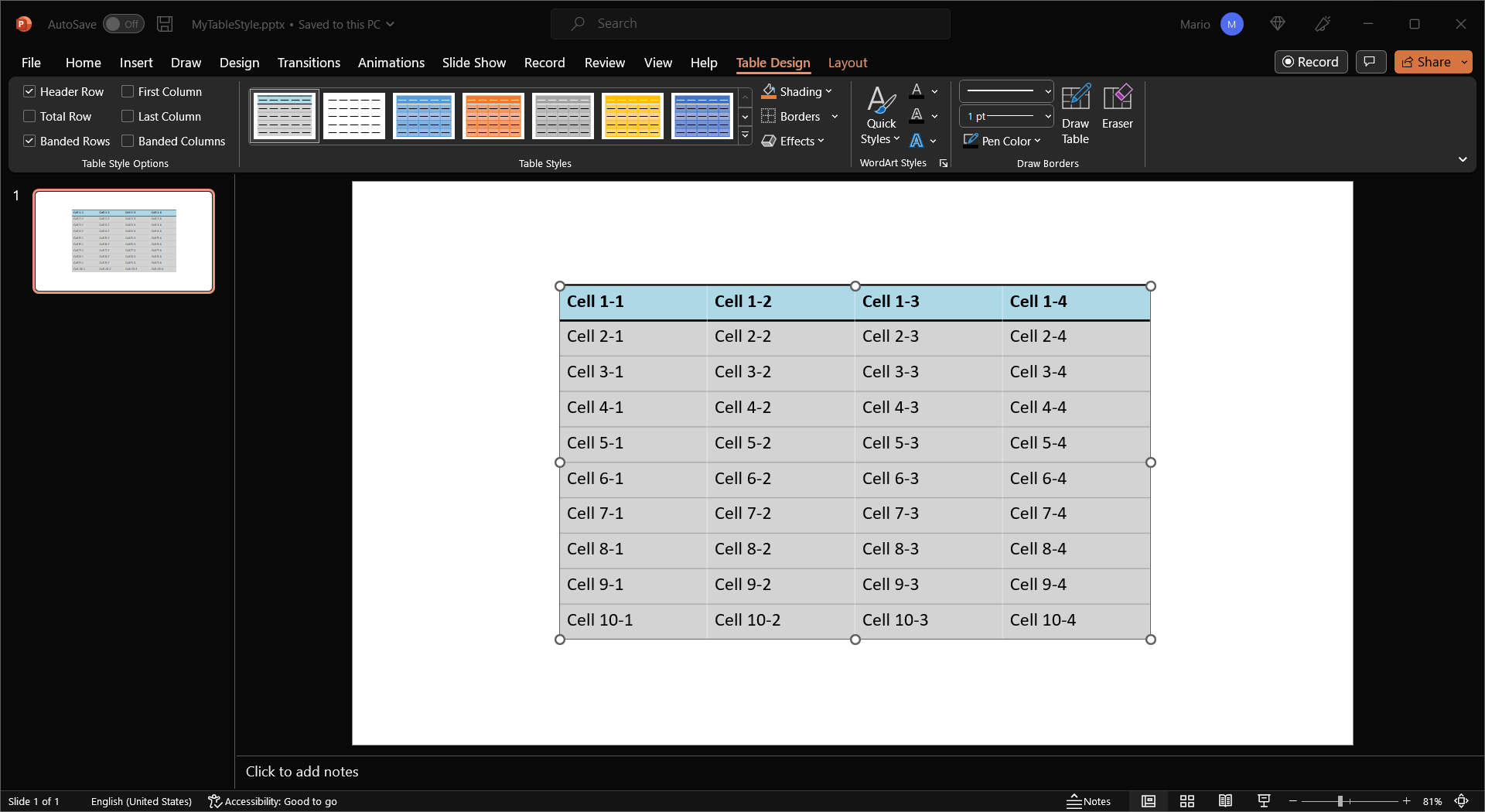 Screenshot of a table with styles applied in C# Output of a table in a Presentation with styles applied in C#