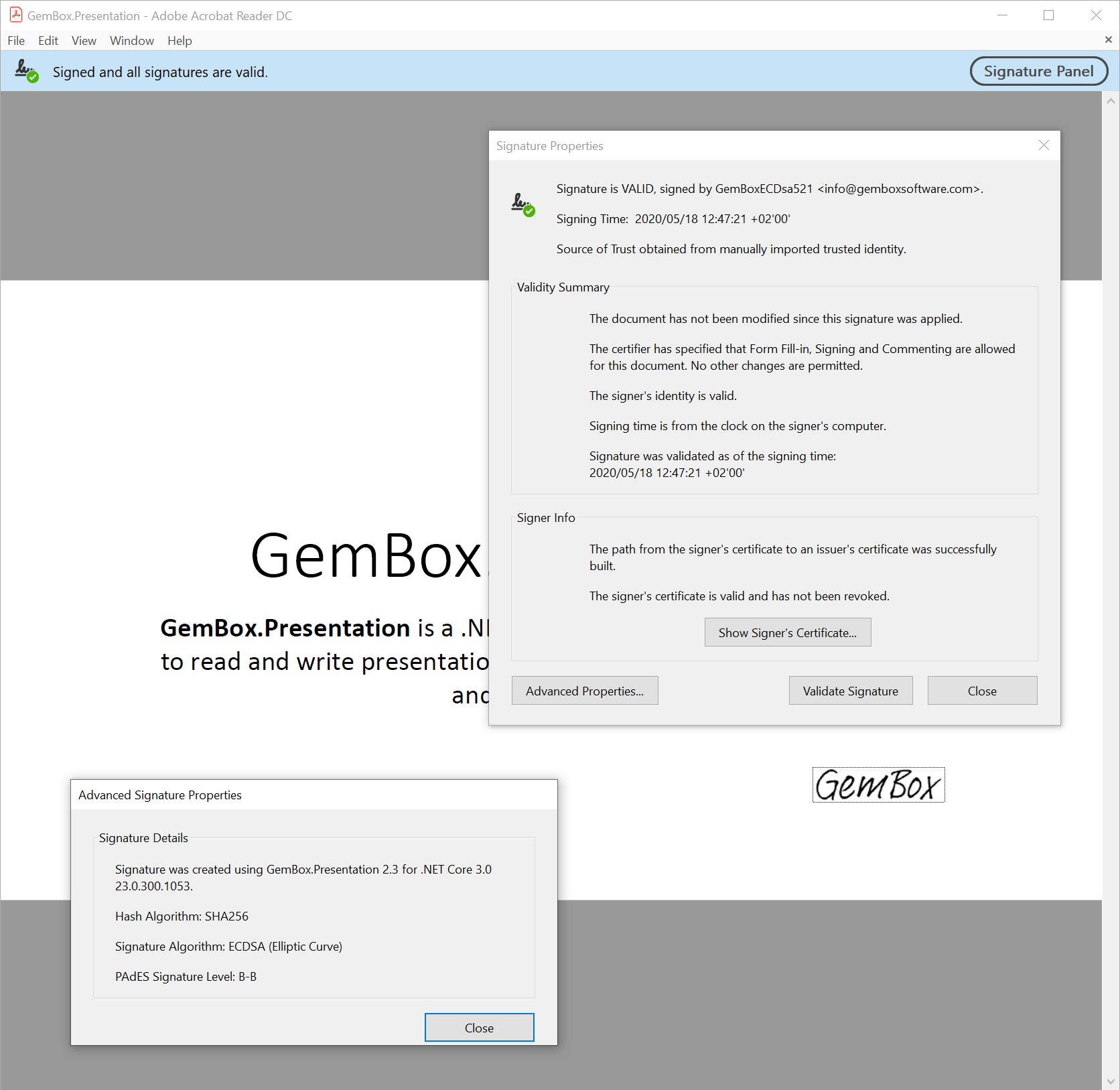 Screenshot of PDF file digitally signed with GemBox.Presentation PDF file digitally signed with GemBox.Presentation