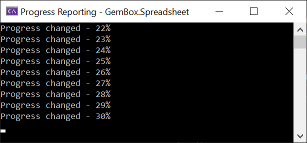 Screenshot of the progress reported with GemBox.Spreadsheet The progress reported with GemBox.Spreadsheet
