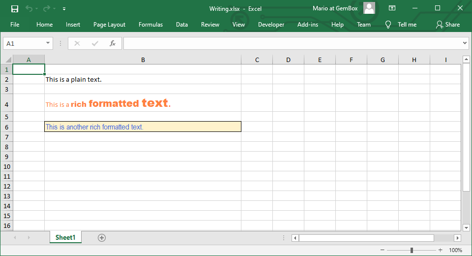 Saved rich formatted text to output Excel file Creating and writing Excel workbook's text with rich formatting in C# and VB.NET