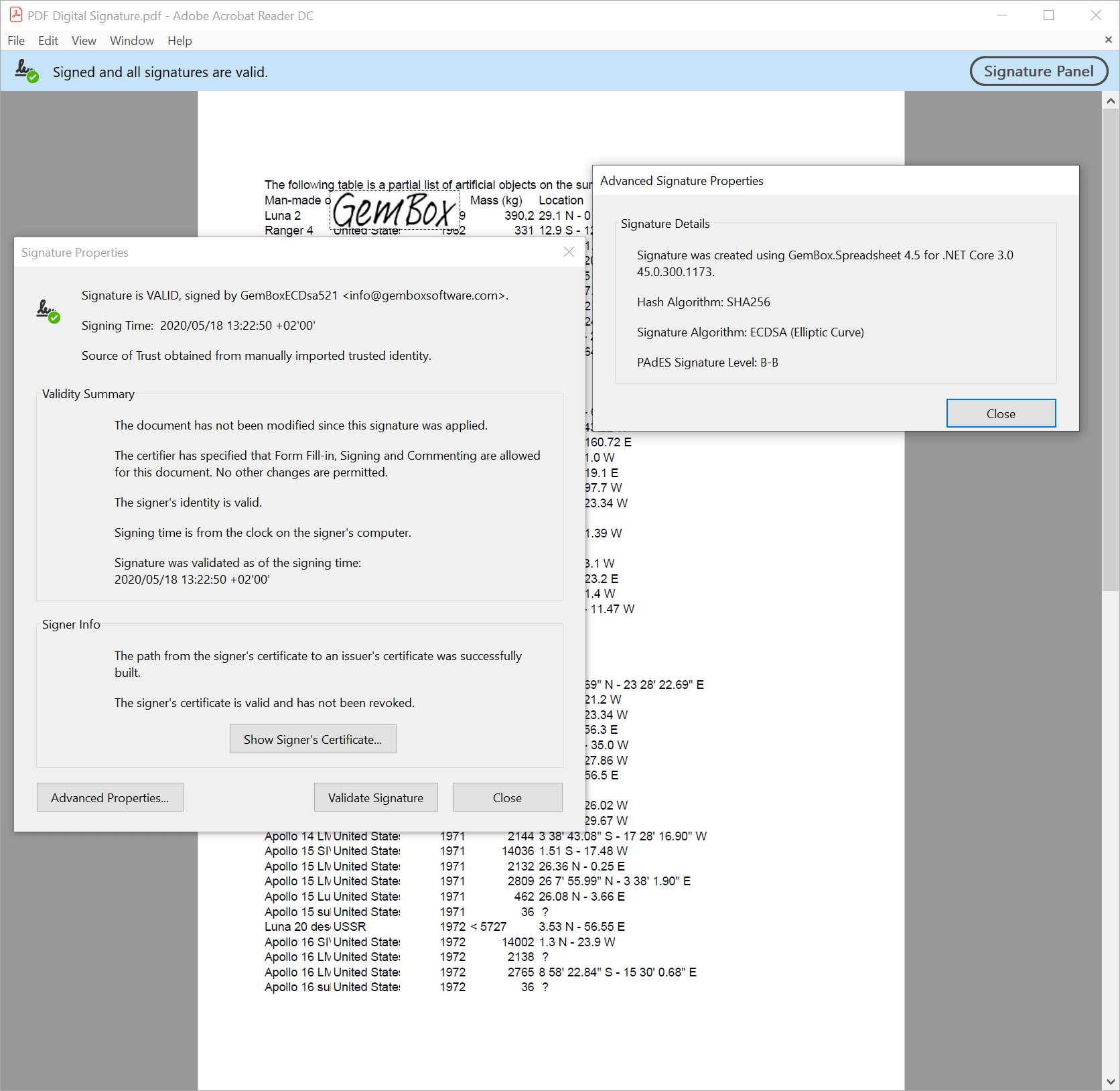 Screenshot of PDF file digitally signed with GemBox.Spreadsheet PDF file digitally signed with GemBox.Spreadsheet