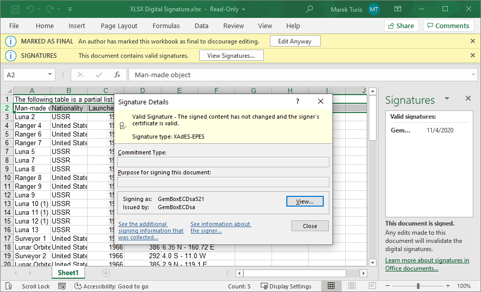 Screenshot of an Excel XLSX file digitally signed with GemBox.Spreadsheet XLSX file digitally signed with GemBox.Spreadsheet